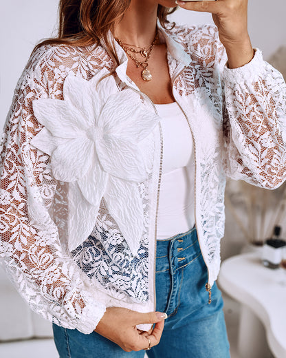 3D Flower Decor Stand Collar Zipper Front Sheer Lace Crop Jacket Casual Stretchy Cuffs Lightweight Breathable Loose Fit Coat