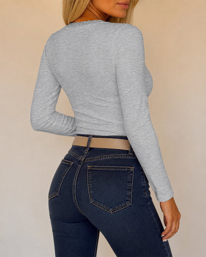 Women's Lace V Neck Ruched T Shirt Slim Fit Long Sleeve Tee Casual Elegant Top
