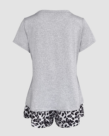 Leopard Heart Print Short Sleeve Pajamas Set