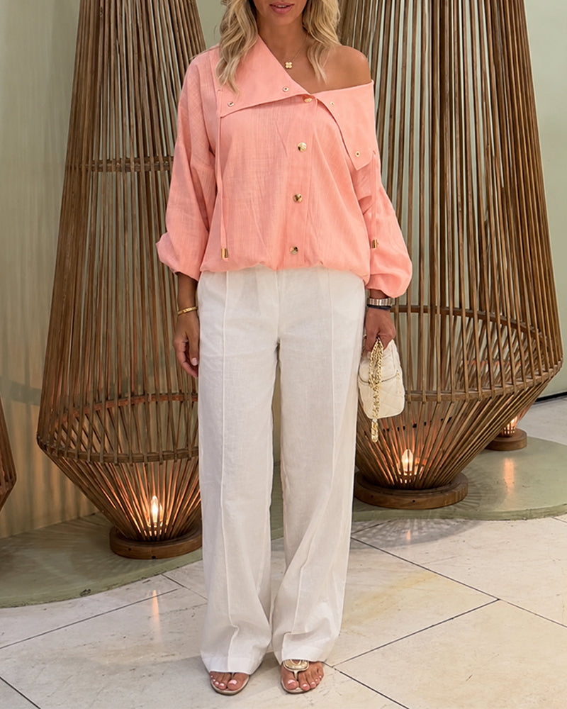 Women's Turn-down Collar Long Sleeve Blouse Casual Gold Button Loose Drawstring Shirt