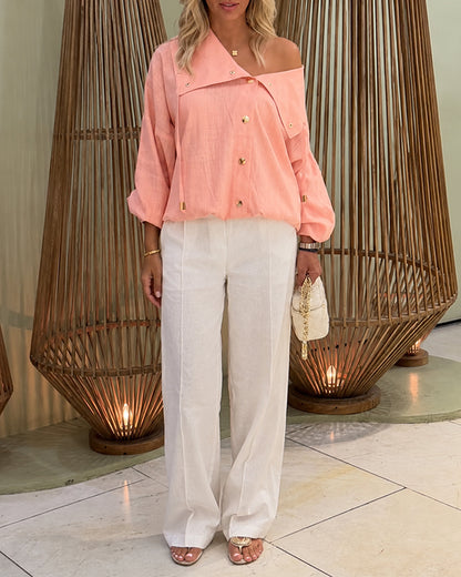 Women's Turn-down Collar Long Sleeve Blouse Casual Gold Button Loose Drawstring Shirt