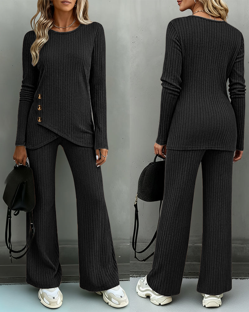 Women's Brushed Ribbed Knit 2 Piece Set Button Long Sleeve Top and Wide Leg Pants with Pockets Casual Loungewear