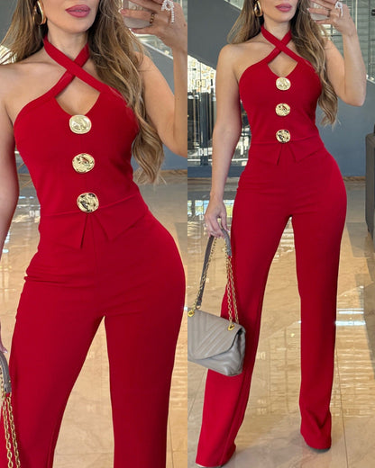 Women's Criss Cross Halter Front Gold Button Flare Jumpsuit Elegant Evening Overalls