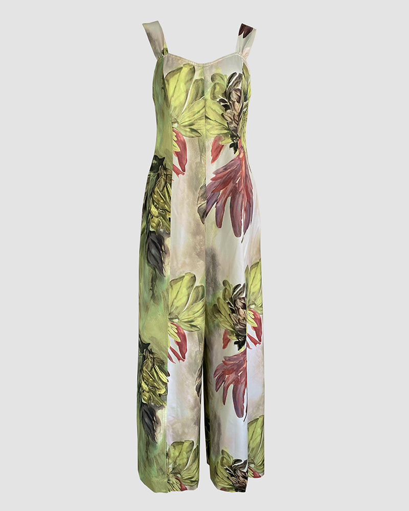 Plants Print Thick Strap Seam Jumpsuit Casual Wide Leg Jumpsuit