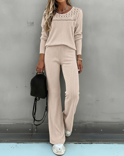 Women's Ribbed Knit Brushed Set Lace Patchwork Long Sleeve Top and Wide Leg Pants 2 Piece Lounge Set with Pockets