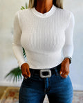 Women's Rhinestone Sparkle Ribbed Long Sleeve Crewneck Top