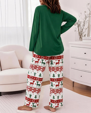 Women's Two Piece Pajamas Set Slogan Print Top and Christmas Print Pants Casual Lounge Set