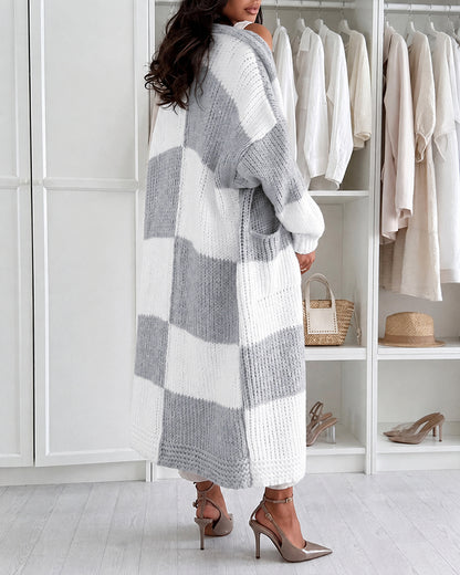 Women's Checkerboard Knit Cardigan Oversized Long Chunky Sweater Loose Lantern Sleeve Coat with Pockets