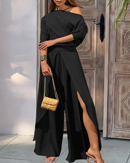 Two-Piece Set Cold Shoulder Batwing Sleeve Top and Casual Elastic Waist Slit Wide Leg Pants