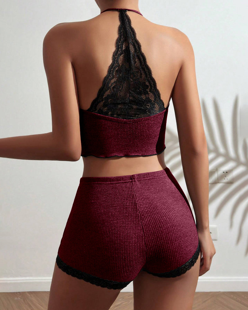 2 Pieces Colorblock Halter Contrast Lace Backless Tank Top & Waffle Knit Casual Shorts Sets