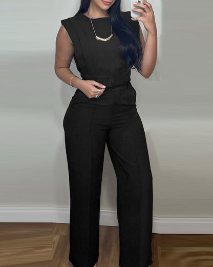 2 Pieces Outfit 3D Cutting Decor Design Cap Sleeve Hollow-out Back Crop Top and Casual Zipper Fly Seam Front Straight Pants Set