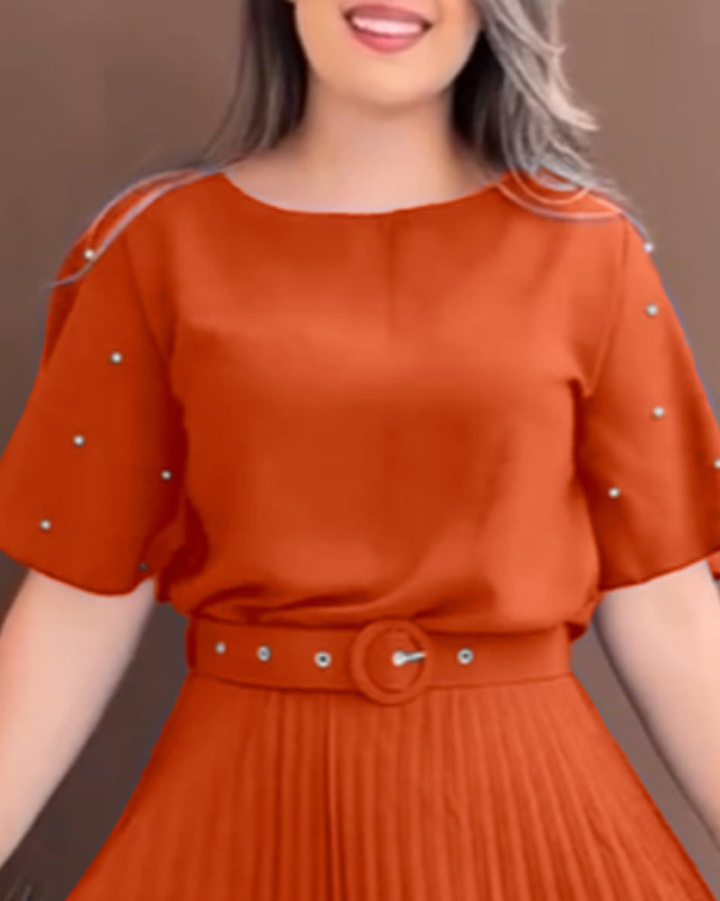 Pearls Decor Short Sleeve Cinched Waist Pleated Dress Elegant Butterfly Sleeve Midi Dress with Belt