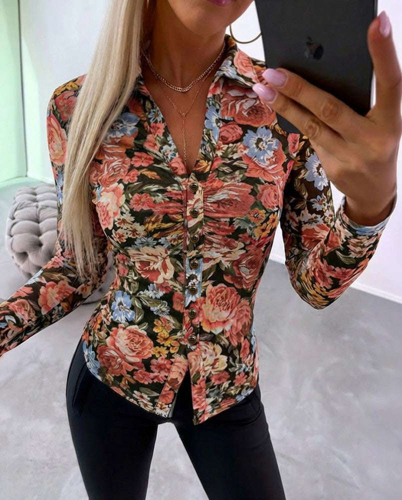 Vintage Oil Painting Floral Print Turn-down Collar V-Neck Button Front Shirt Slim Fit Long Sleeve Ruched Sheer Mesh Top with Lining