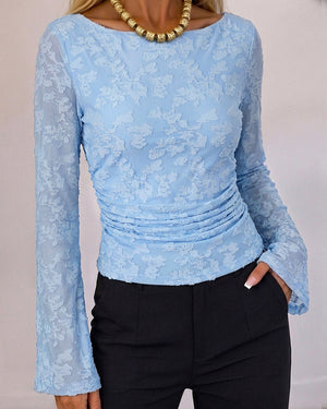 Women's Textured Jacquard Boat Neck Ruched Mesh Flare Sleeve Top
