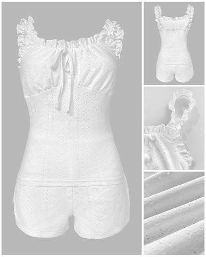 2 Pieces Outfit Square Neck Frill Straps Tied Detail Cami Top and Elastic Waist Shorts Set Slim Fit Hollow-out Jacquard Textured Knit Pajamas Set