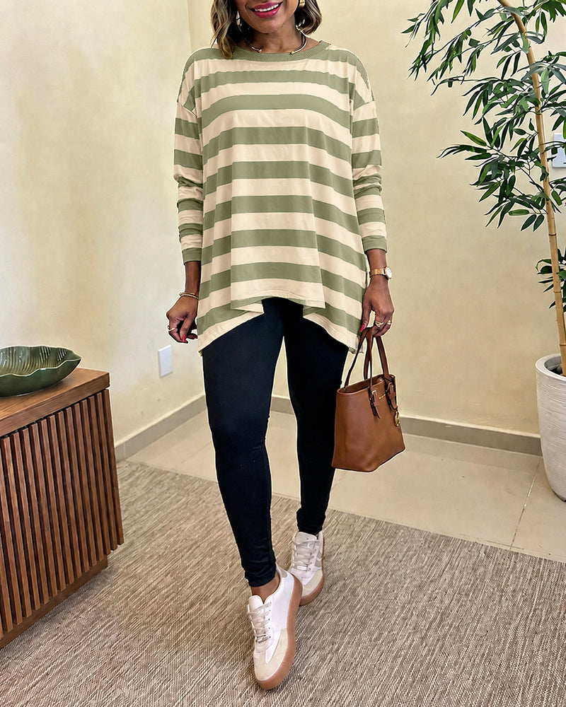 Women's Striped T Shirt Long Sleeve Drop Shoulder Crewneck Tee Side Slit Casual Loose Fit Top