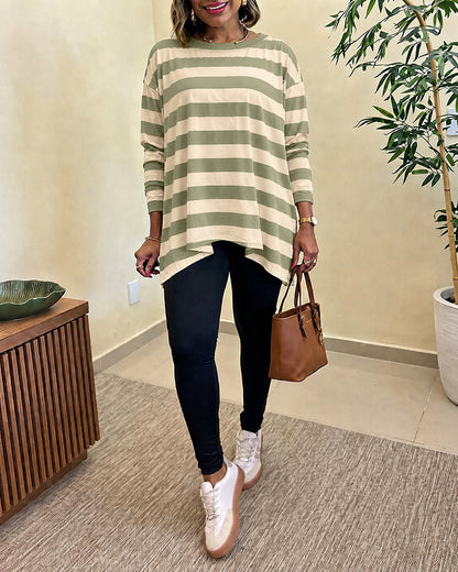 Women's Striped T Shirt Long Sleeve Drop Shoulder Crewneck Tee Side Slit Casual Loose Fit Top