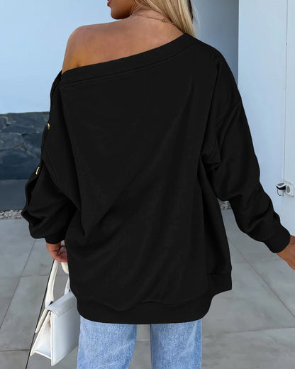 Skew Neck Buttoned Sweatshirt Casual Long Sleeve Pullover Tops Outfits