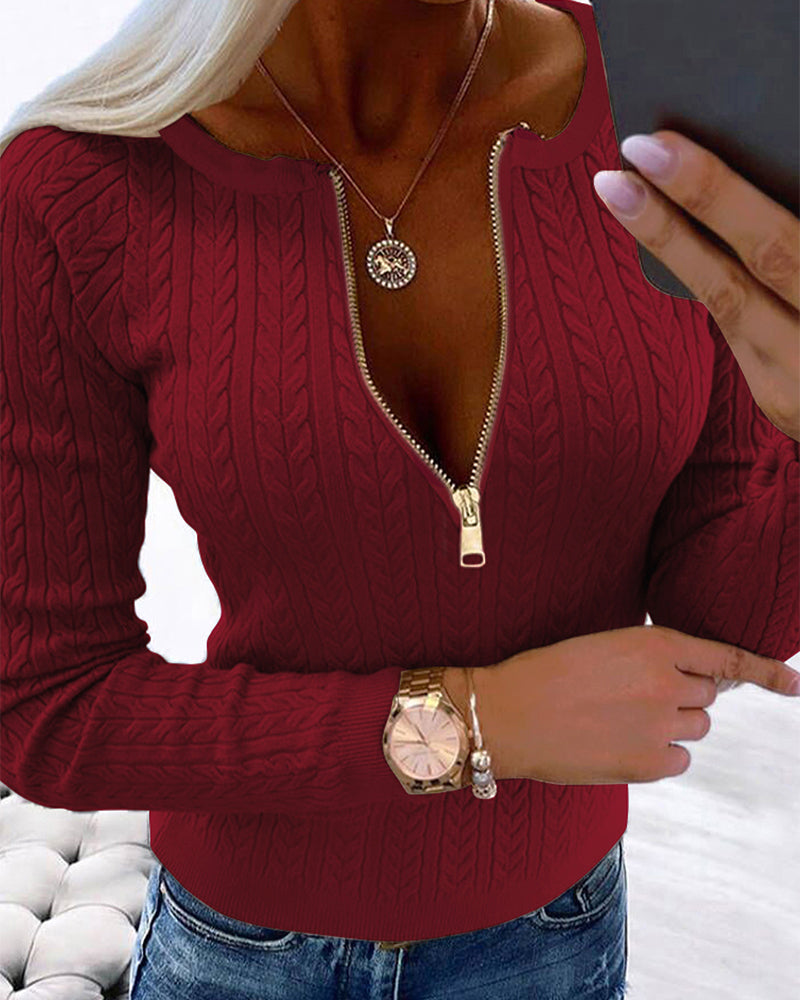 Crewneck Half Zipper Cable Textured Knit Sweater Slim Fit Pullover Top