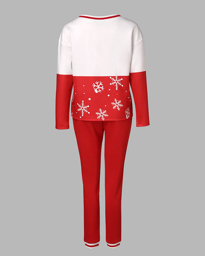 2 Piece Christmas Cartoon Santa Slaus Reindeer Let it Snow Print Long Sleeve Top Stretchy Waist Tracksuit Set