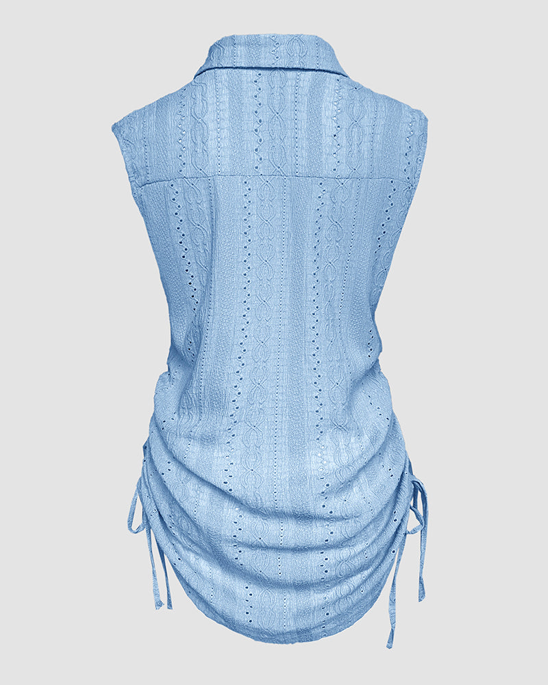 Women's Lapel V Neck Jacquard Beach Cover Up Eyelet Embroidery Cap Sleeve Ruched Drawstring Side Mini Dress