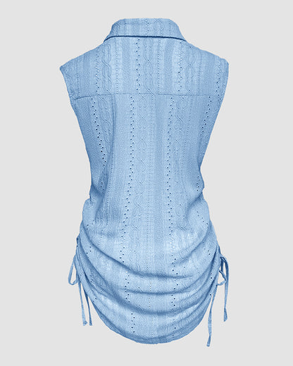 Women's Lapel V Neck Jacquard Beach Cover Up Eyelet Embroidery Cap Sleeve Ruched Drawstring Side Mini Dress