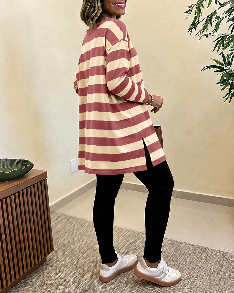 Women's Striped T Shirt Long Sleeve Drop Shoulder Crewneck Tee Side Slit Casual Loose Fit Top
