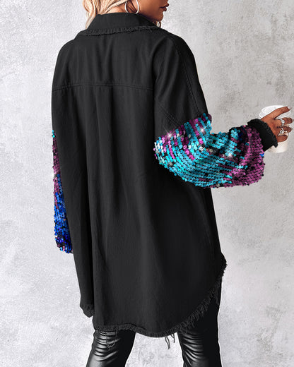 Colorblock Sequin Patchwork Long Sleeve Jacket Top Button Front Raw Hem Shacket