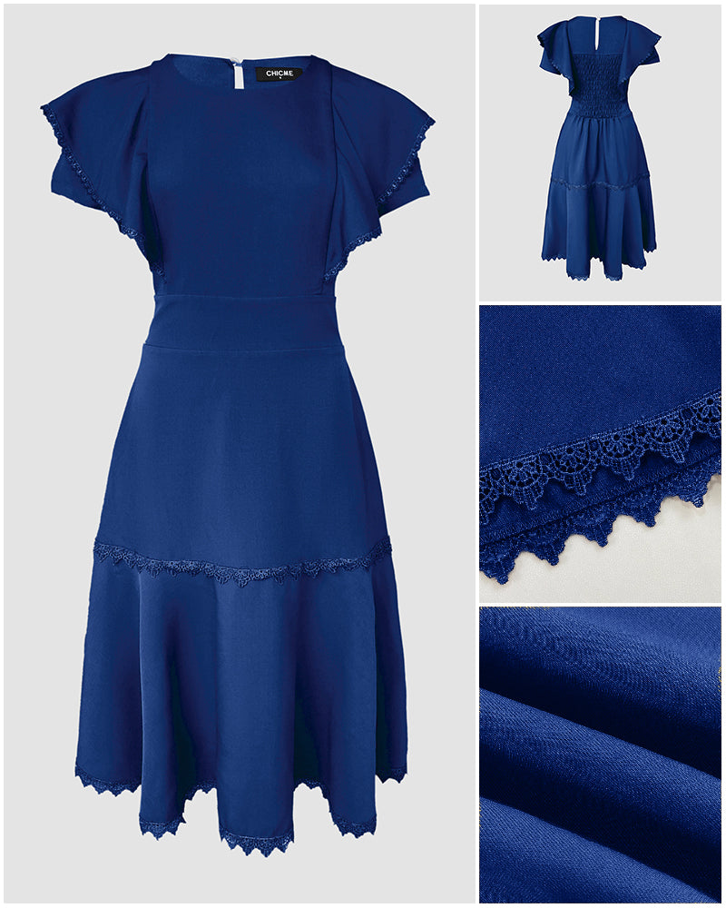 Butterfly Sleeve Hollow-out Back Shirred Work Dress Casual Cinched Waist Lace Trim Ruffle Hem Dress