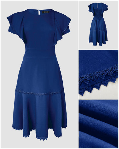Butterfly Sleeve Hollow-out Back Shirred Work Dress Casual Cinched Waist Lace Trim Ruffle Hem Dress