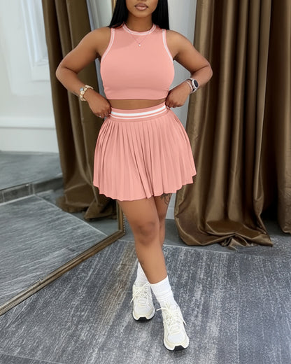 2 Pieces Outfit Round Neck Sleeveless Crop Tank Top and Elastic Waist Pleated Mini Skirt Set Casual Contrast Paneled Set