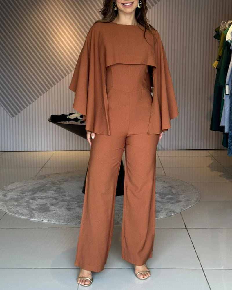 Women's Cape Jumpsuit High Waist Straight Leg Overalls Elegant Evening Jumpsuit with Pockets