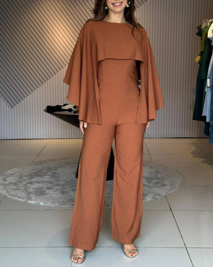 Women's Cape Jumpsuit High Waist Straight Leg Overalls Elegant Evening Jumpsuit with Pockets
