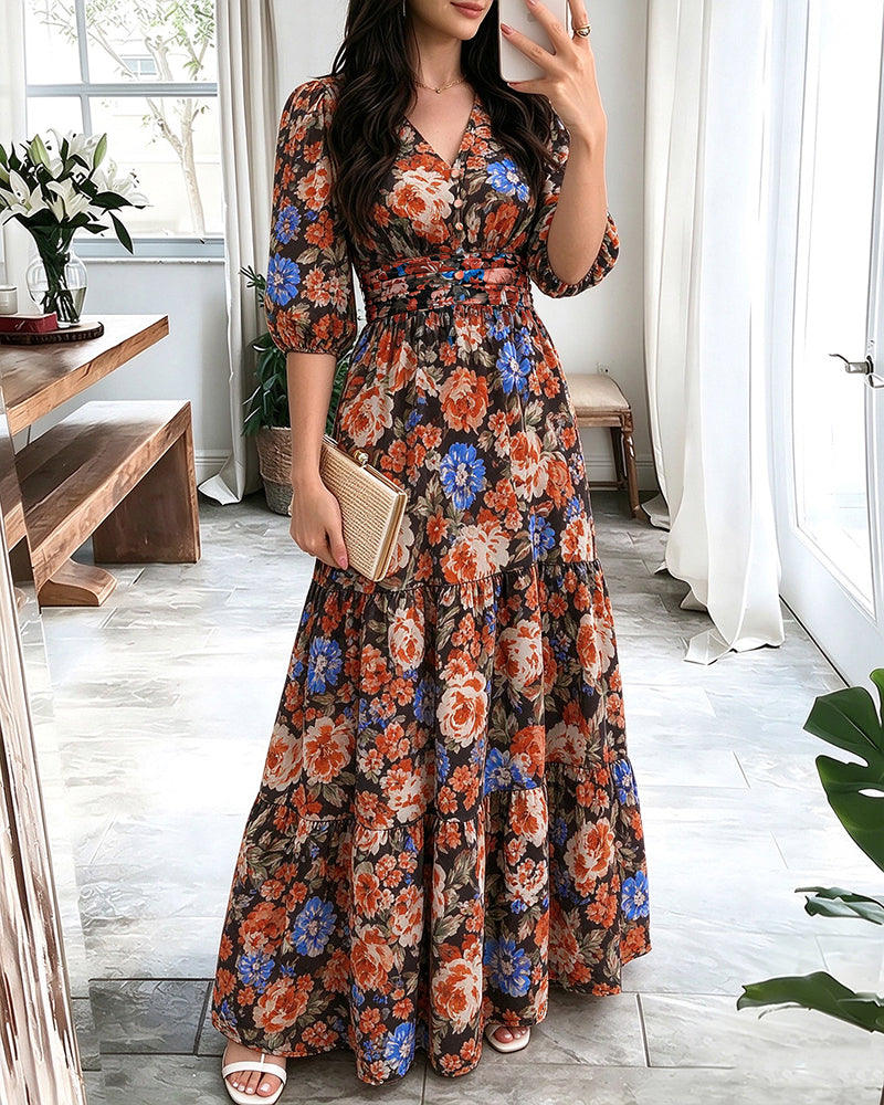 Vestido largo de gasa para mujer con flores vintage, escote en V, mangas abullonadas, cintura fruncida elástica y volantes