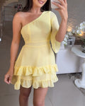 Women's One-Shoulder Ruffle Mini Dress Sexy Backless Tie-Up Vacation Dress with Built-in Shorts
