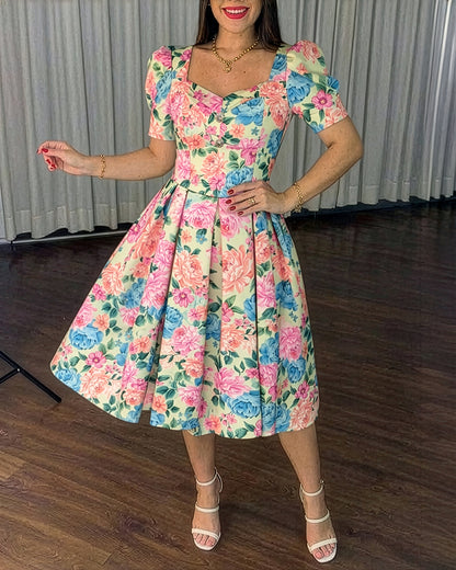 Women's Floral Sweetheart Neck Midi Dress Rhinestone Button Puff Sleeve Shirred A-Line Dress Pleated Vacation Dress