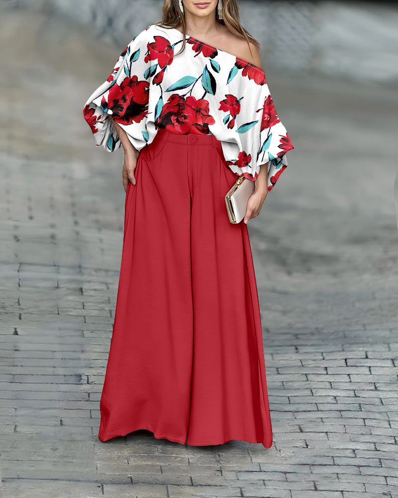 2 Pieces Outfit Floral Print Skew Neck Batwing Sleeve Stretchy Hem Top and Zipper Fly Elastic Back Waist Wide Leg Pants Set Casual Loose Fit Set