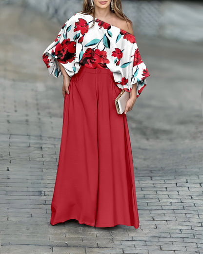 2 Pieces Outfit Floral Print Skew Neck Batwing Sleeve Stretchy Hem Top and Zipper Fly Elastic Back Waist Wide Leg Pants Set Casual Loose Fit Set
