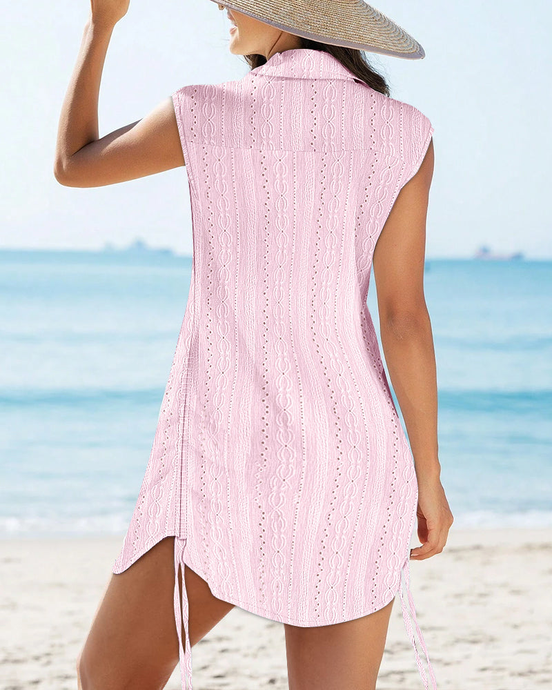 Women's Lapel V Neck Jacquard Beach Cover Up Eyelet Embroidery Cap Sleeve Ruched Drawstring Side Mini Dress