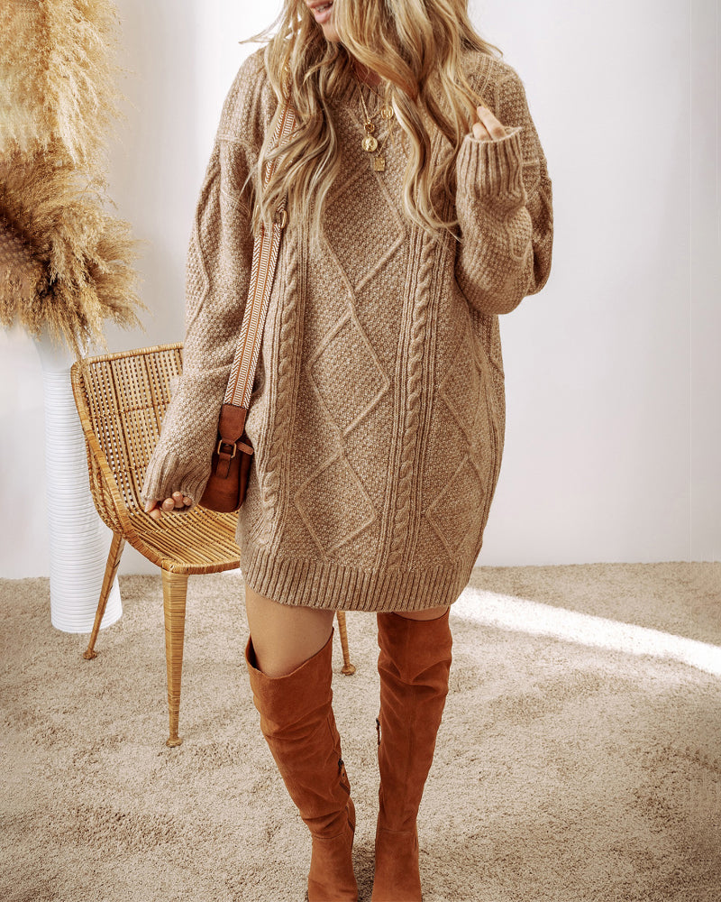 Round Neck Long Sleeve Drop Shoulder Pullover Sweater Casual Loose Fit Cable Knit Mid Length Sweater