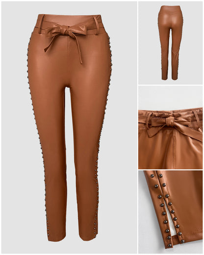 Studded Tied Detail PU Leather Slim Fit Side Sllit High Waist Pants Elegant Pants