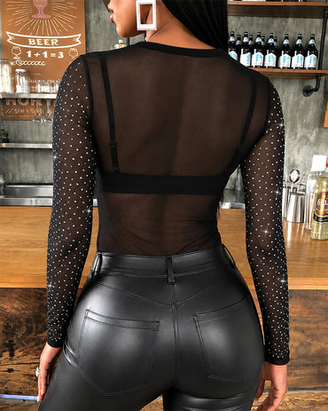 Women's Rhinestone Sheer Mesh Round Neck Long Sleeve Slim Fit Top