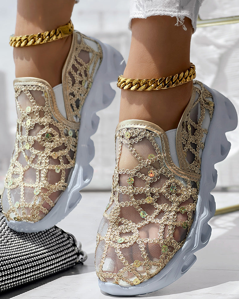 Contrast Sequin Sheer Mesh Patch Breathable Sneakers