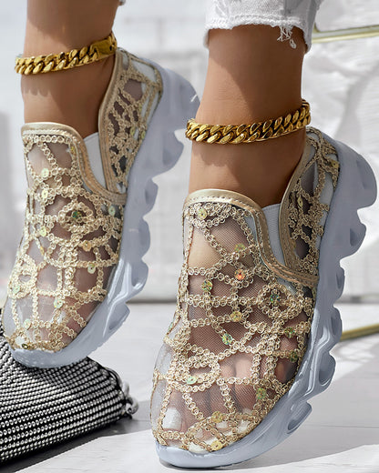 Contrast Sequin Sheer Mesh Patch Breathable Sneakers