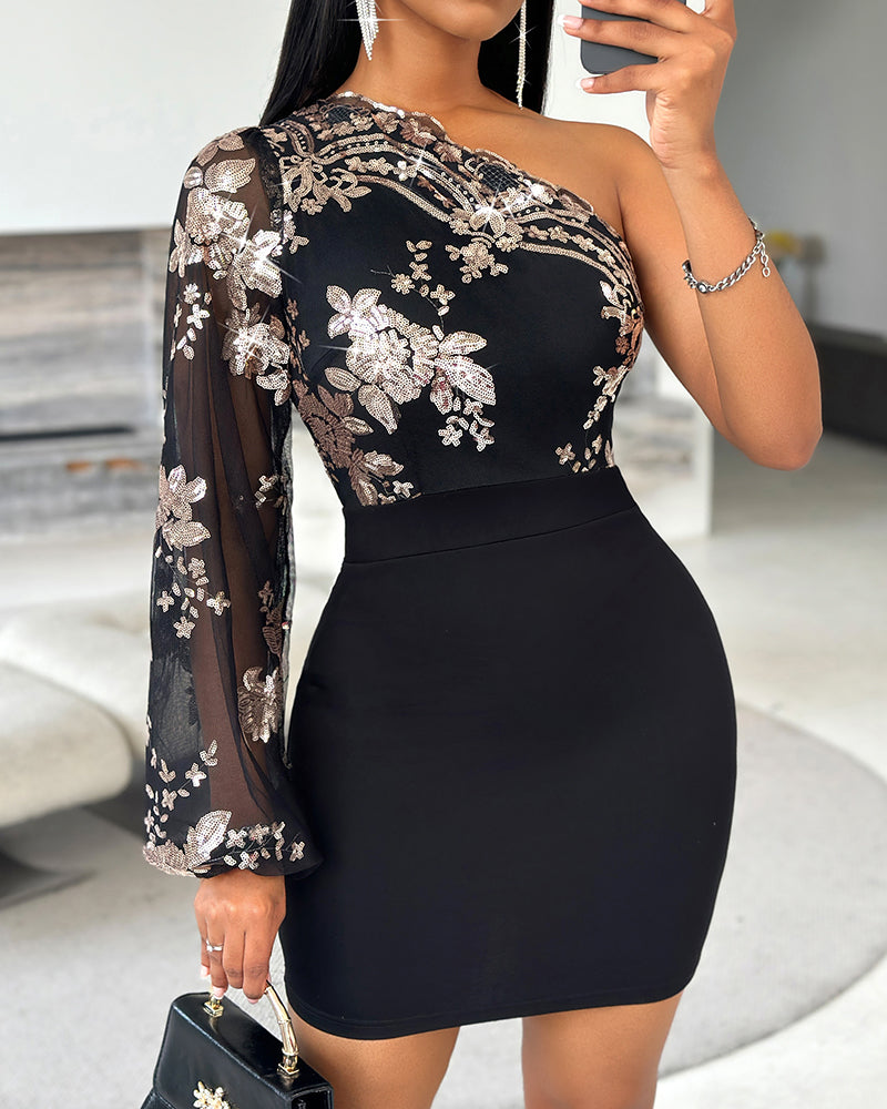 Floral Pattern Contrast Sequin One Shoulder Bodycon Dress