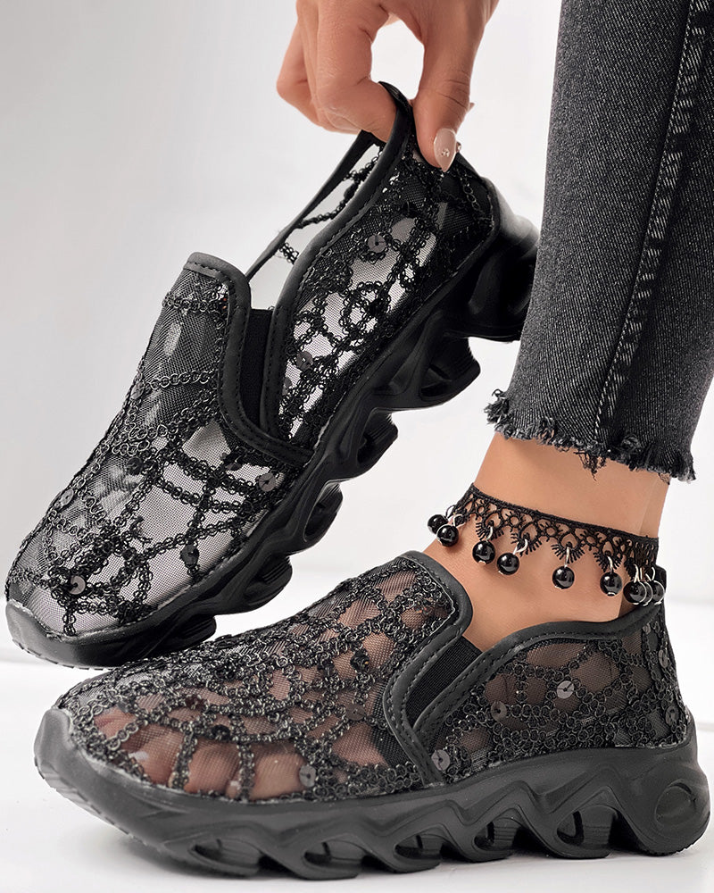 Contrast Sequin Sheer Mesh Patch Breathable Sneakers