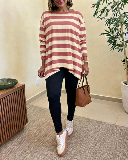 Women's Striped T Shirt Long Sleeve Drop Shoulder Crewneck Tee Side Slit Casual Loose Fit Top