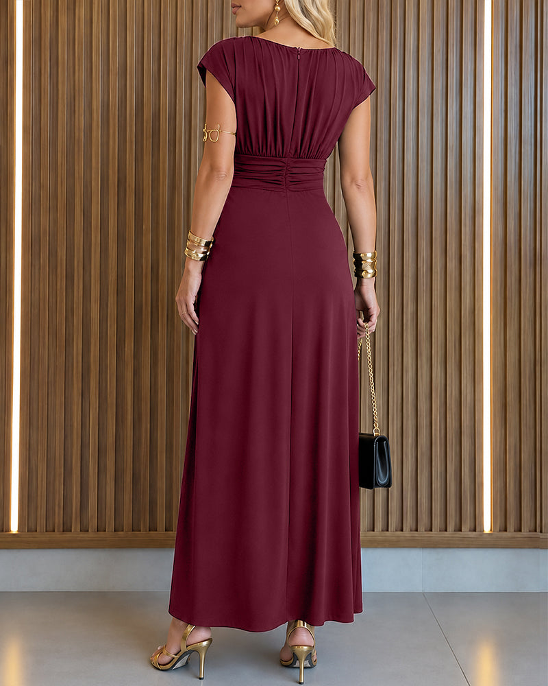 Women's Boat Neck Ruched Maxi Dress Gold Buckle Cap Sleeve Formal Evening Gown