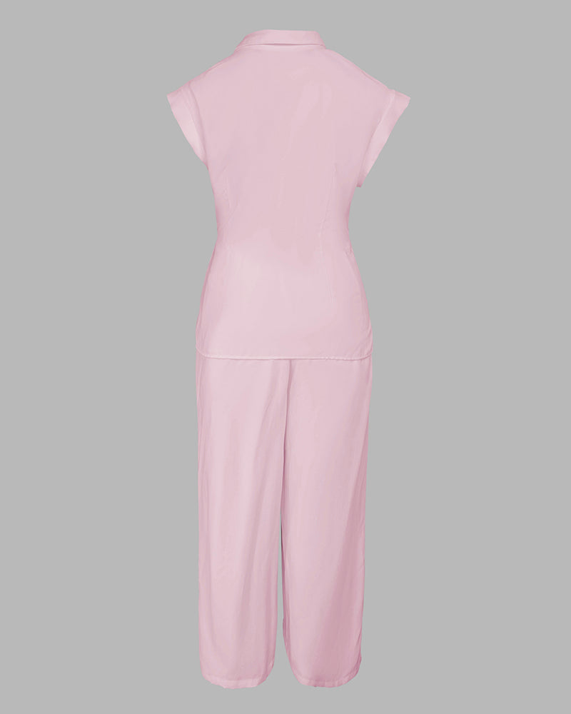 2 Pieces Outfit Turn-down Collar Cap Sleeve Button Front Tied Detail Top and Casual Zipper Fly Elastic Back Waist Wide-Leg Pants Set
