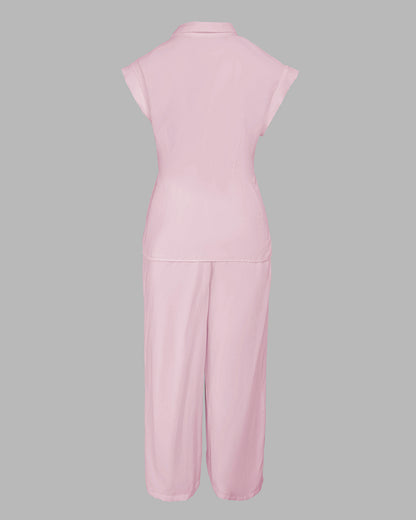 2 Pieces Outfit Turn-down Collar Cap Sleeve Button Front Tied Detail Top and Casual Zipper Fly Elastic Back Waist Wide-Leg Pants Set